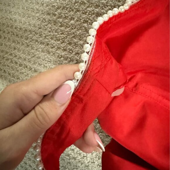 Red Satin Holiday Mini Dress with Pearl Trim and Bow Medium - Picture 8 of 9